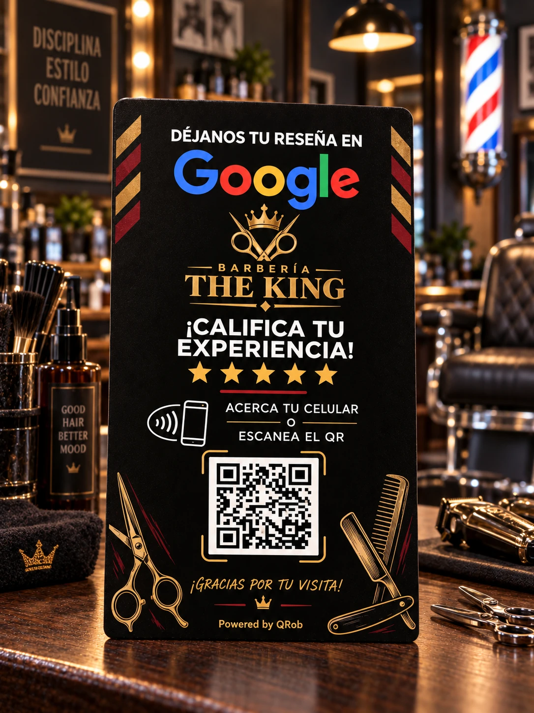 Exhibidor QR + NFC QRob Barbería